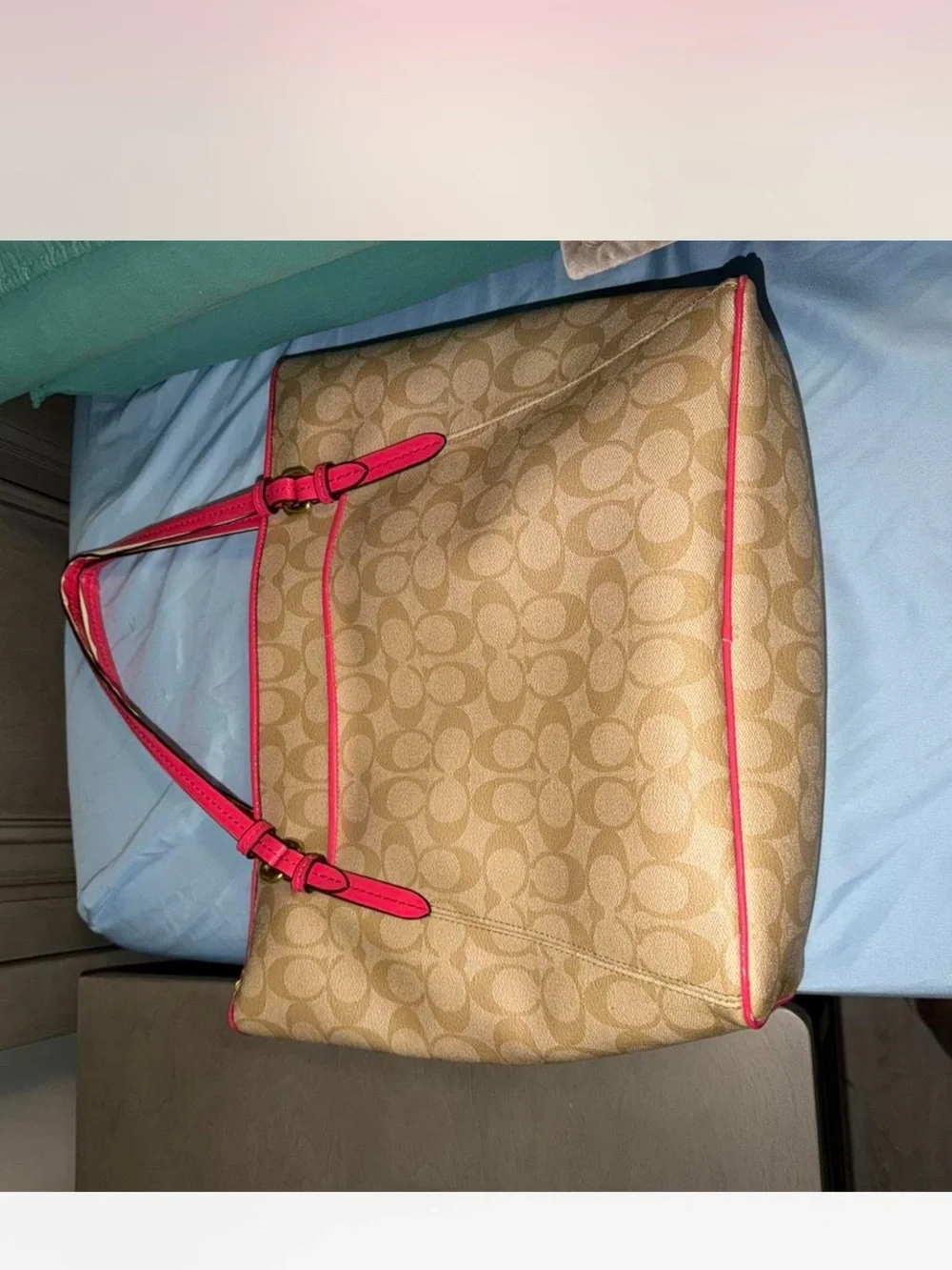 Coach Beige Signature Canvas Tote with Pink Trim